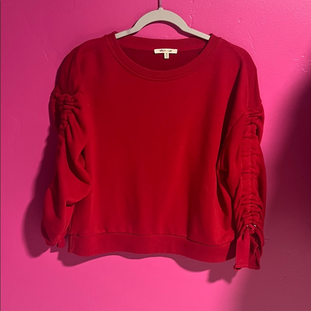 Chic Red Ruched Sleeve Sweatshirt
